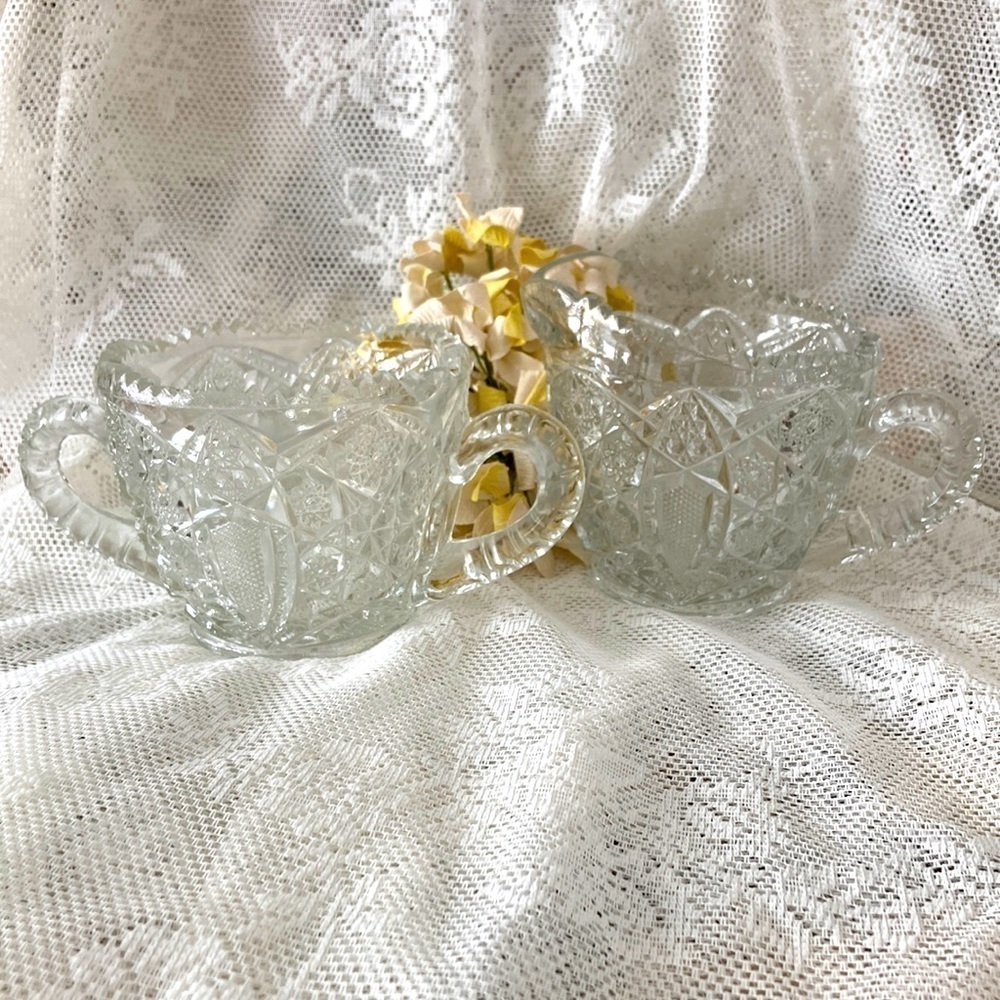 Vintage McKee Prescut Glass Crystal Clear Creamer/Sugar Set | EAPG USA Pat #MG6